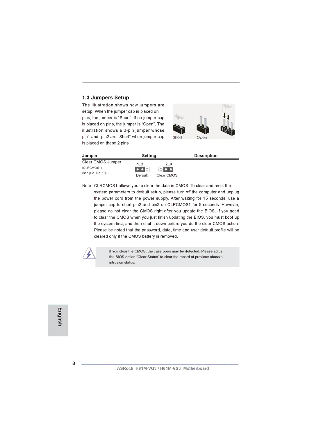 ASRock H61M-VG3 manual Jumpers Setup, Description 