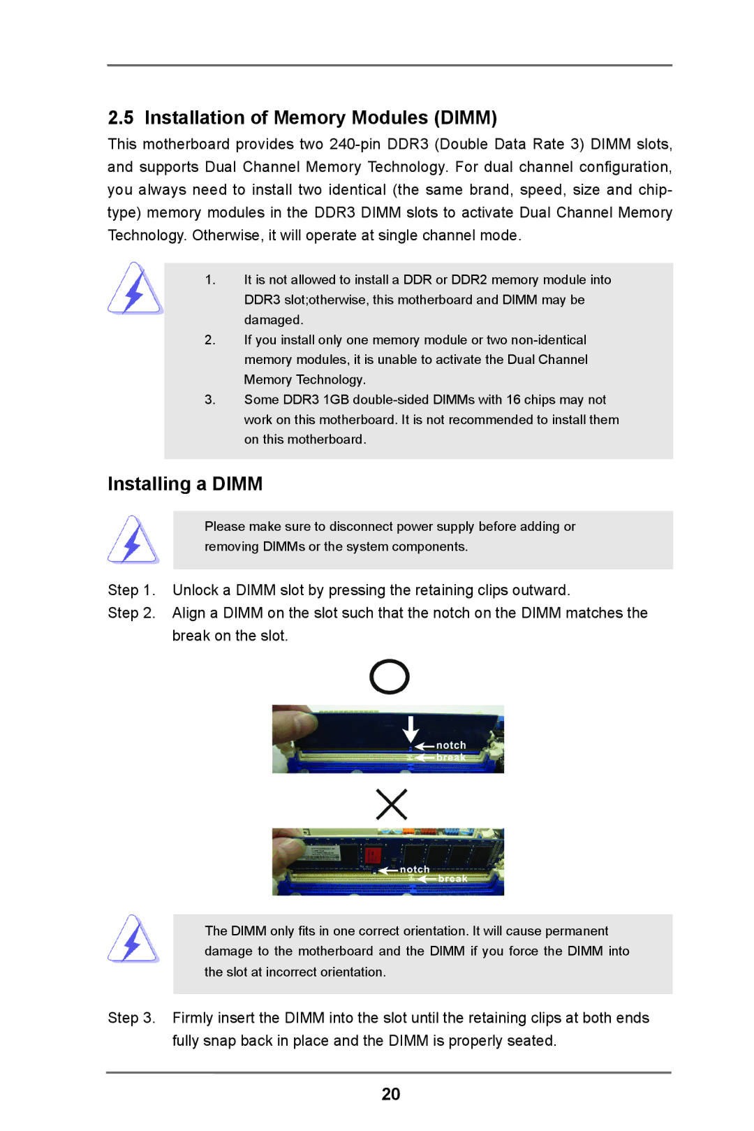 ASRock H61M-VS3 manual Installation of Memory Modules Dimm, Installing a Dimm 