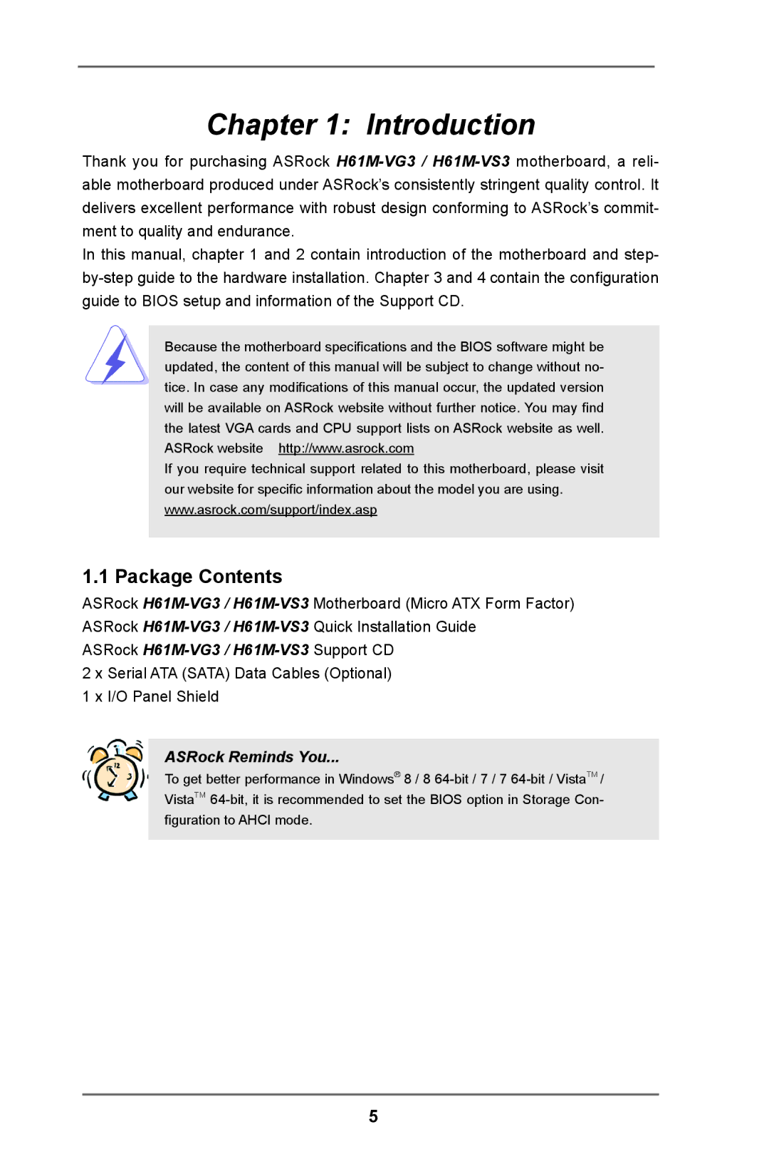 ASRock H61M-VS3 manual Introduction, Package Contents 