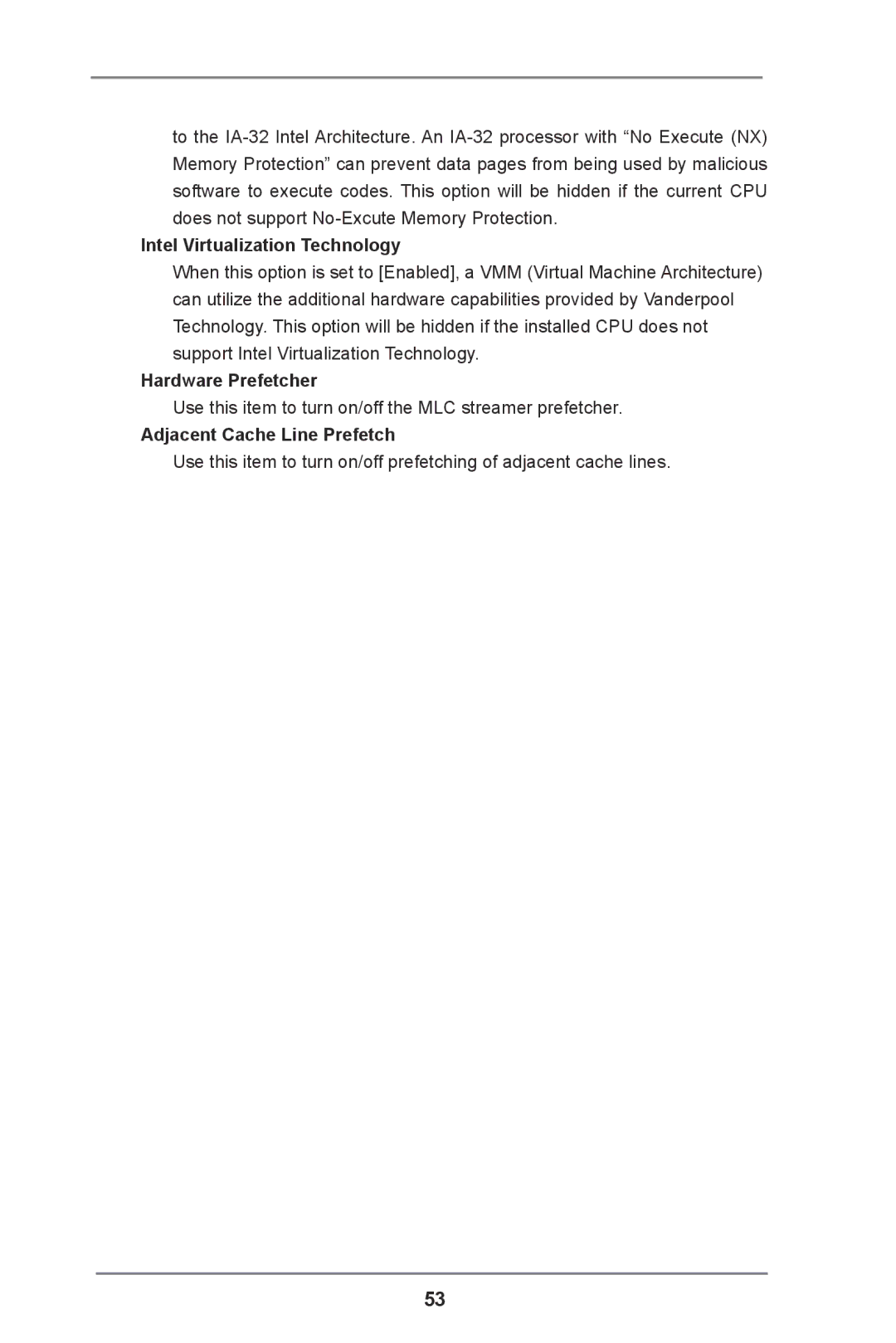 ASRock H61M-VS3 manual Intel Virtualization Technology, Hardware Prefetcher, Adjacent Cache Line Prefetch 