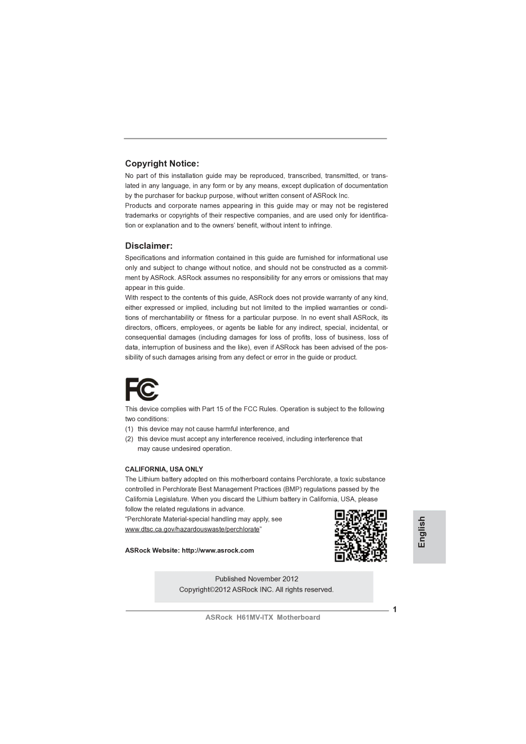 ASRock H61MV-ITX manual Copyright Notice, Disclaimer, English 