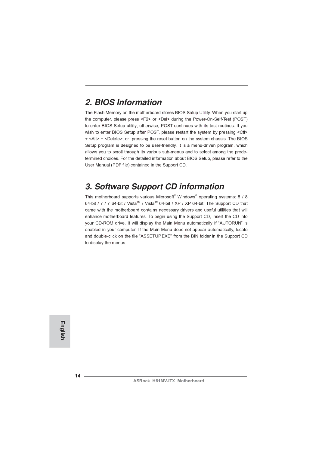 ASRock H61MV-ITX manual Bios Information 