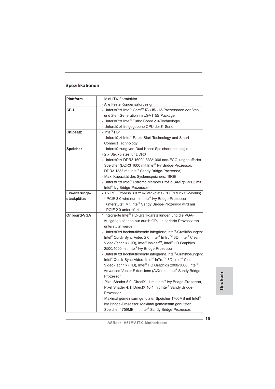 ASRock H61MV-ITX manual Speziﬁkationen, Deutsch 