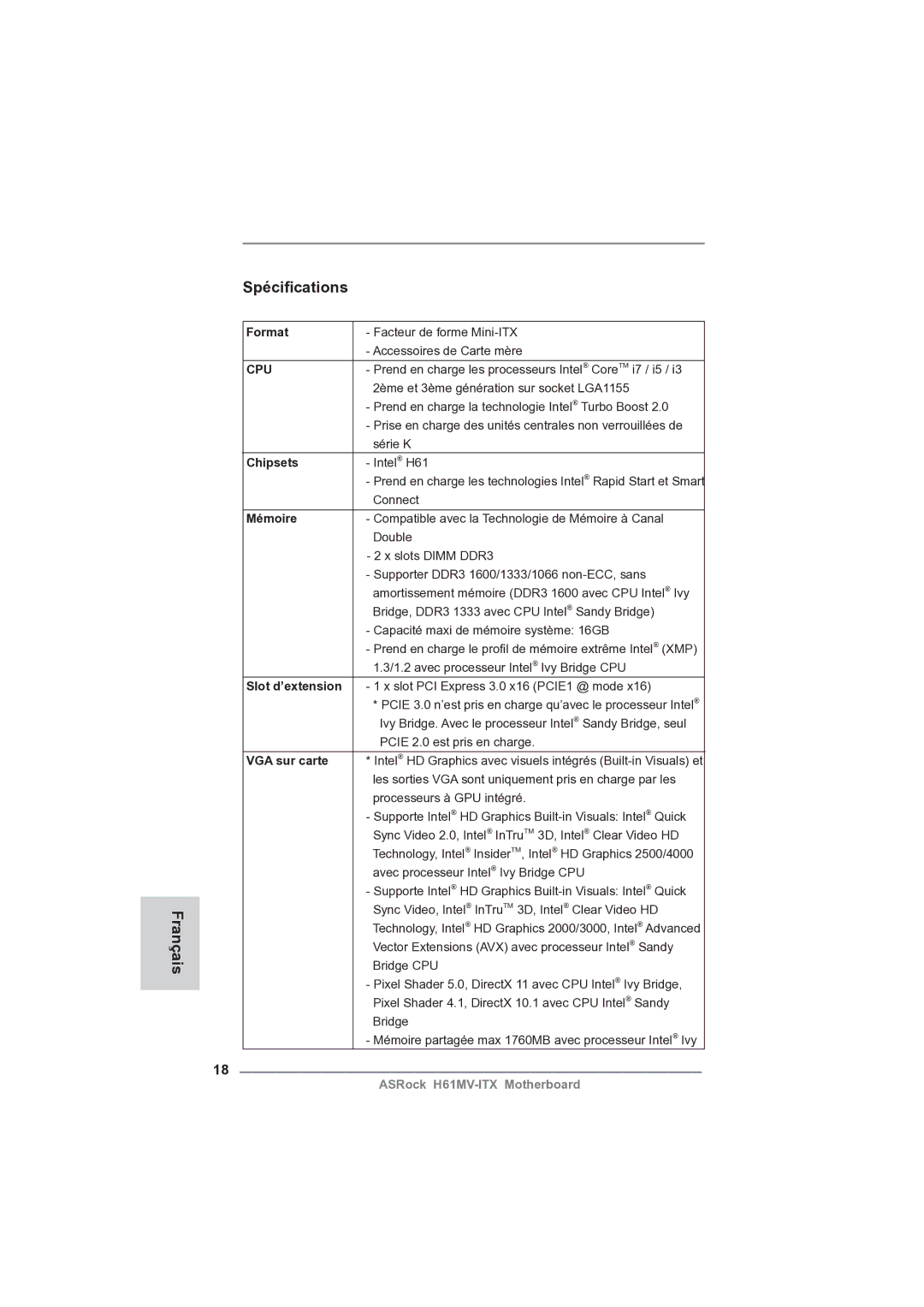 ASRock H61MV-ITX manual Spéciﬁcations Français 