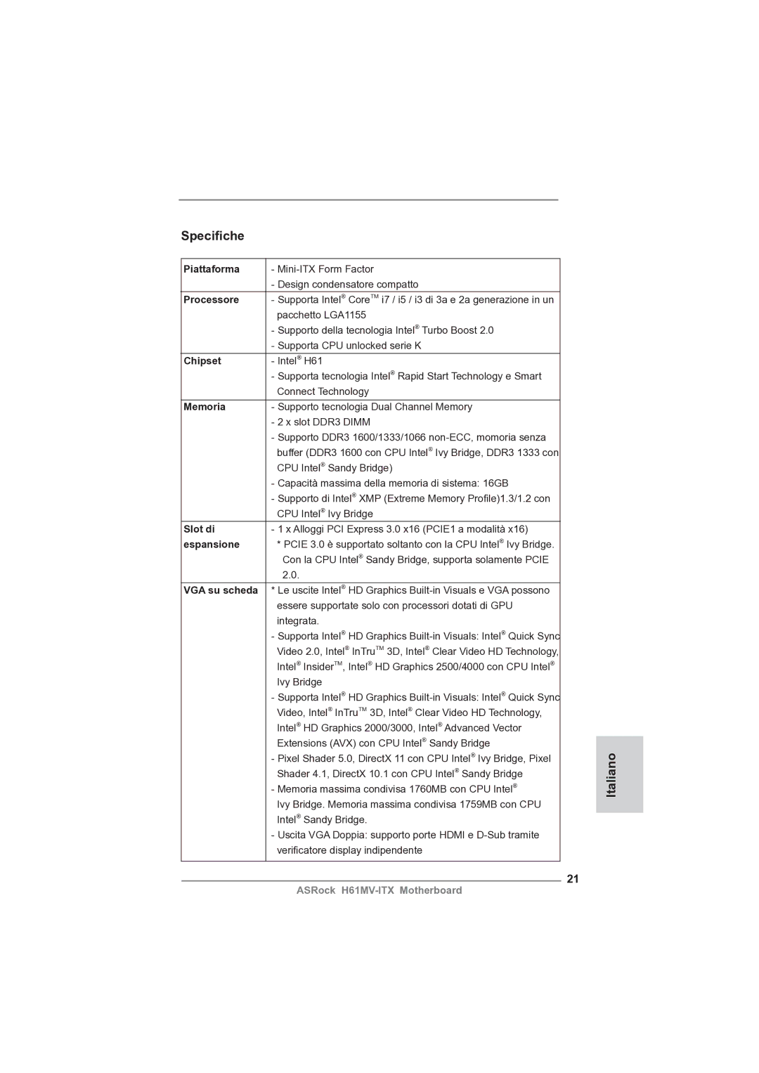 ASRock H61MV-ITX manual Speciﬁche, Italiano 