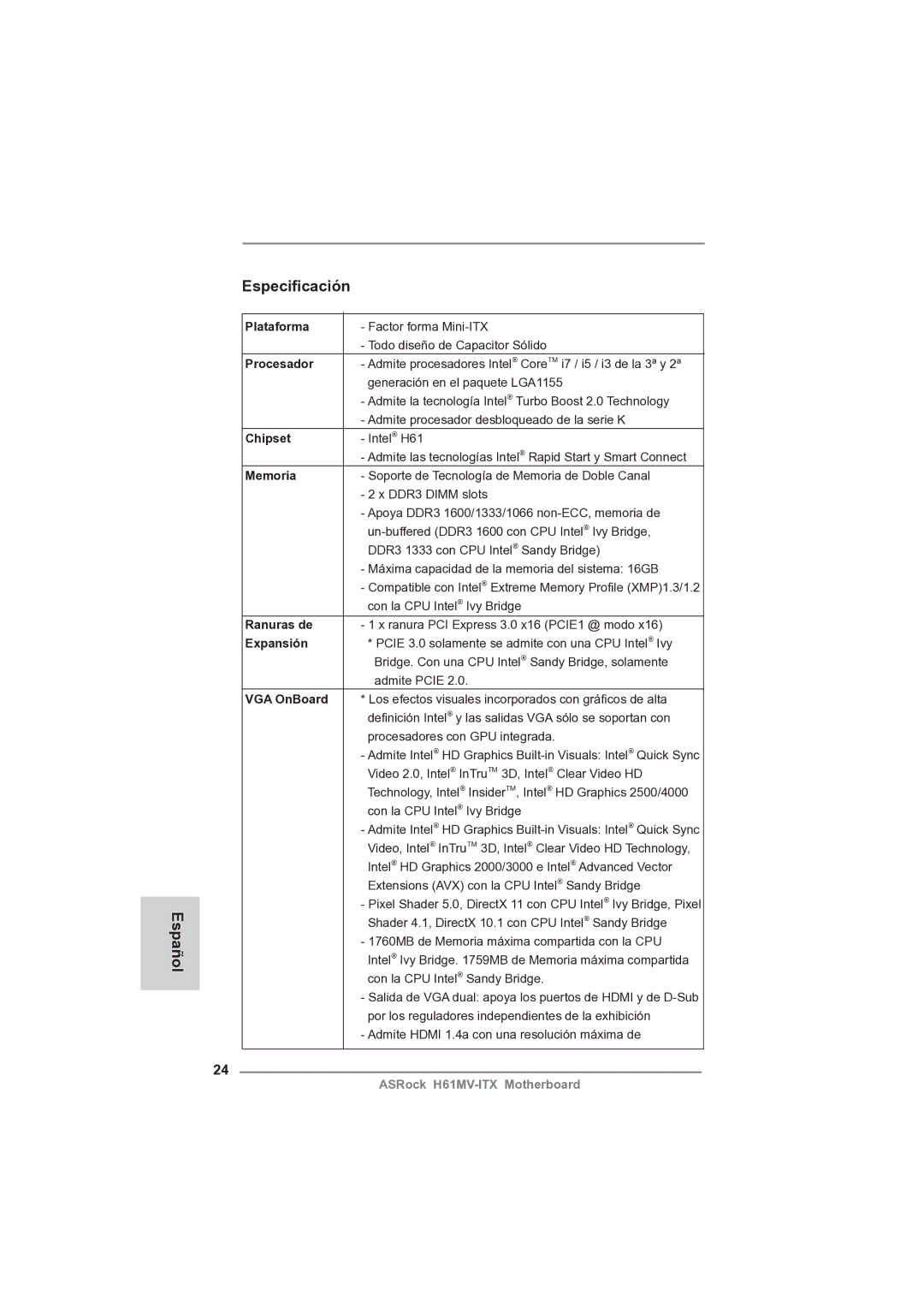 ASRock H61MV-ITX manual Español Especiﬁcación 