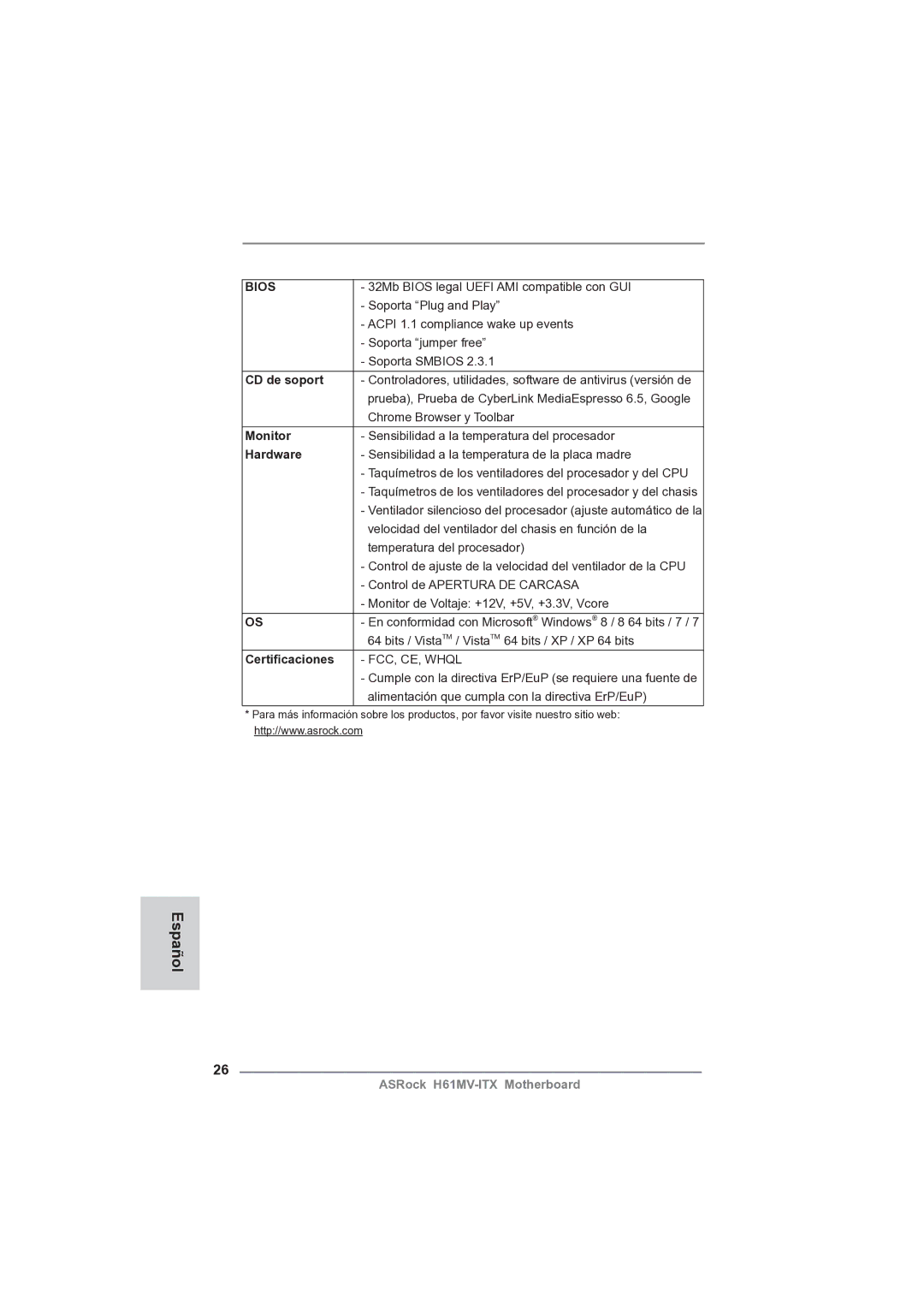 ASRock H61MV-ITX manual Español, CD de soport, Certiﬁcaciones 