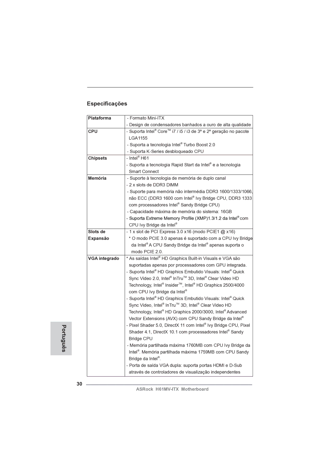 ASRock H61MV-ITX manual Especiﬁcações Português, Memória, Slots de, Expansão, VGA integrado 