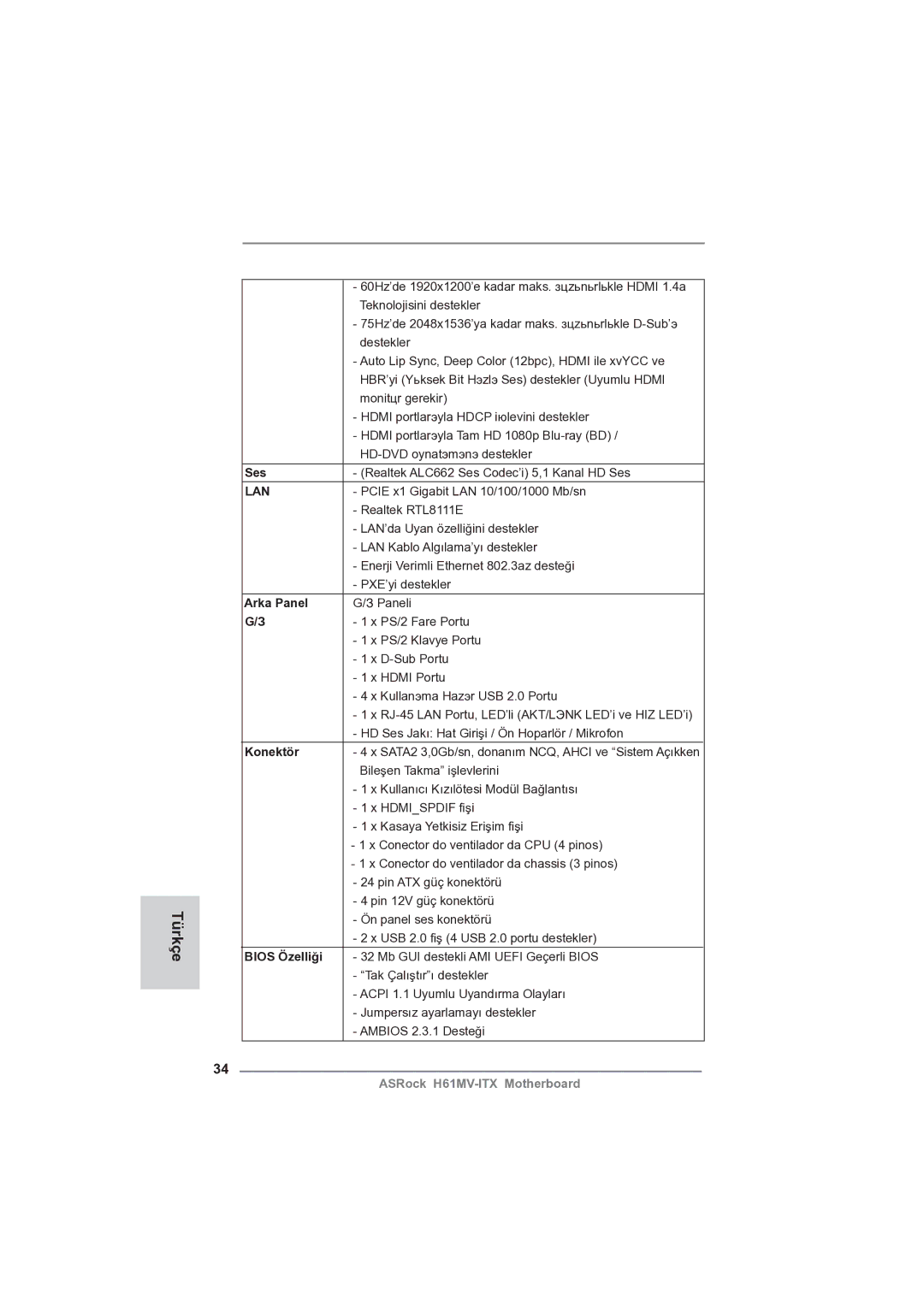 ASRock H61MV-ITX manual Türkçe, Ses, Arka Panel, Konektör 