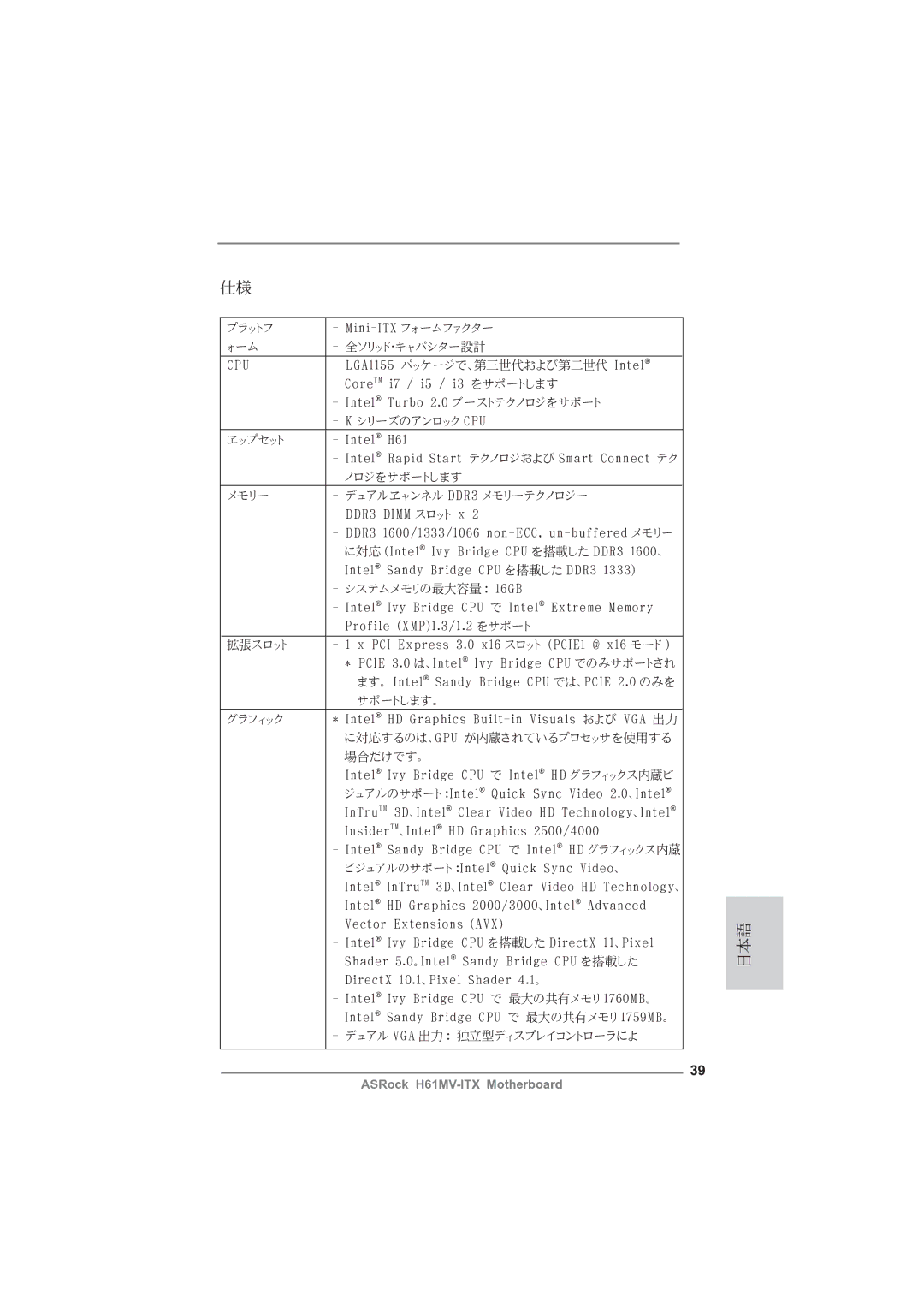 ASRock H61MV-ITX manual 日本語 