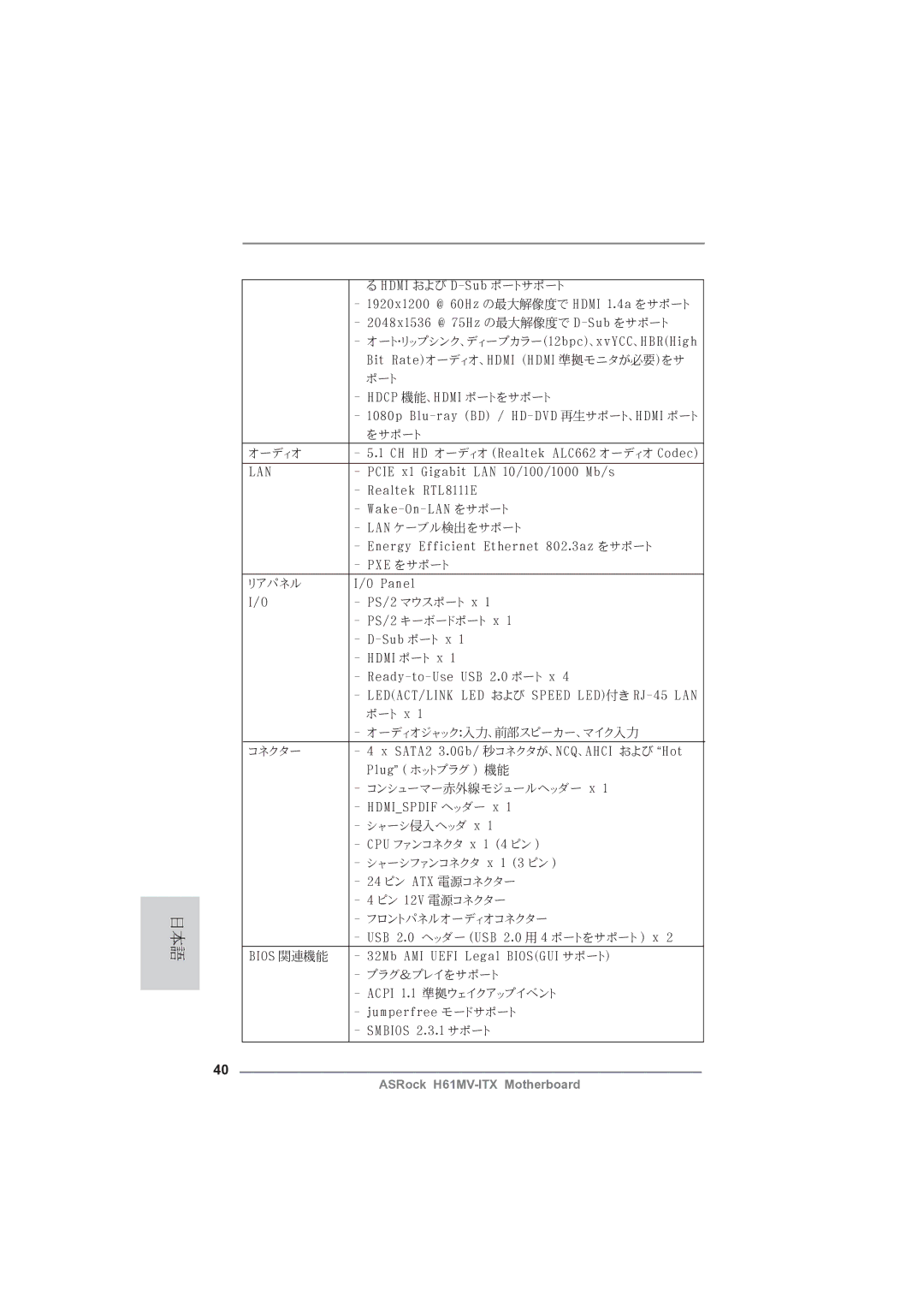 ASRock H61MV-ITX manual Bit Rate）オーディオ、HDMI （HDMI 準拠モニタが必要）をサ 