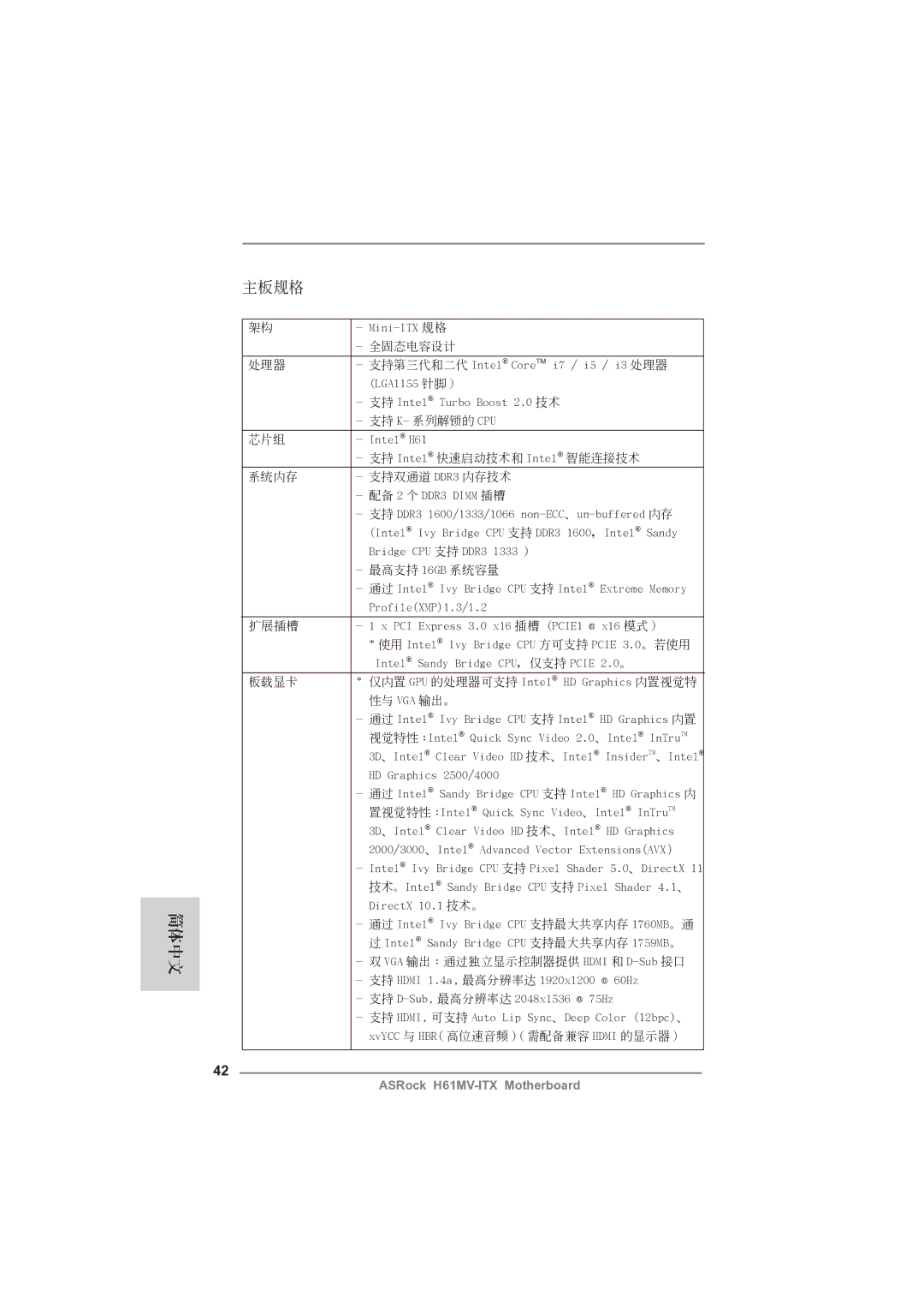 ASRock H61MV-ITX manual 簡體中文 主板規格 