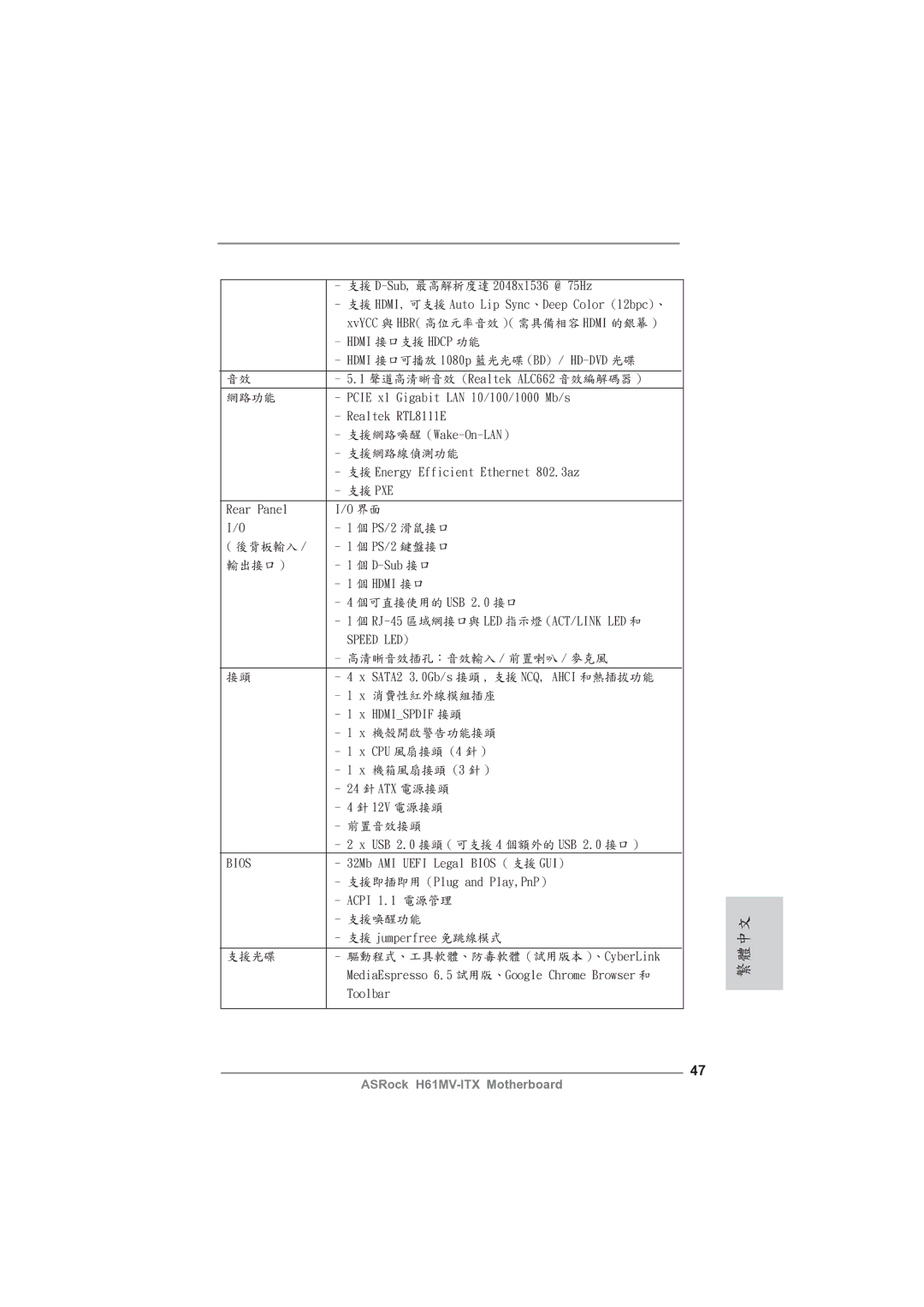 ASRock H61MV-ITX manual 繁體中文 