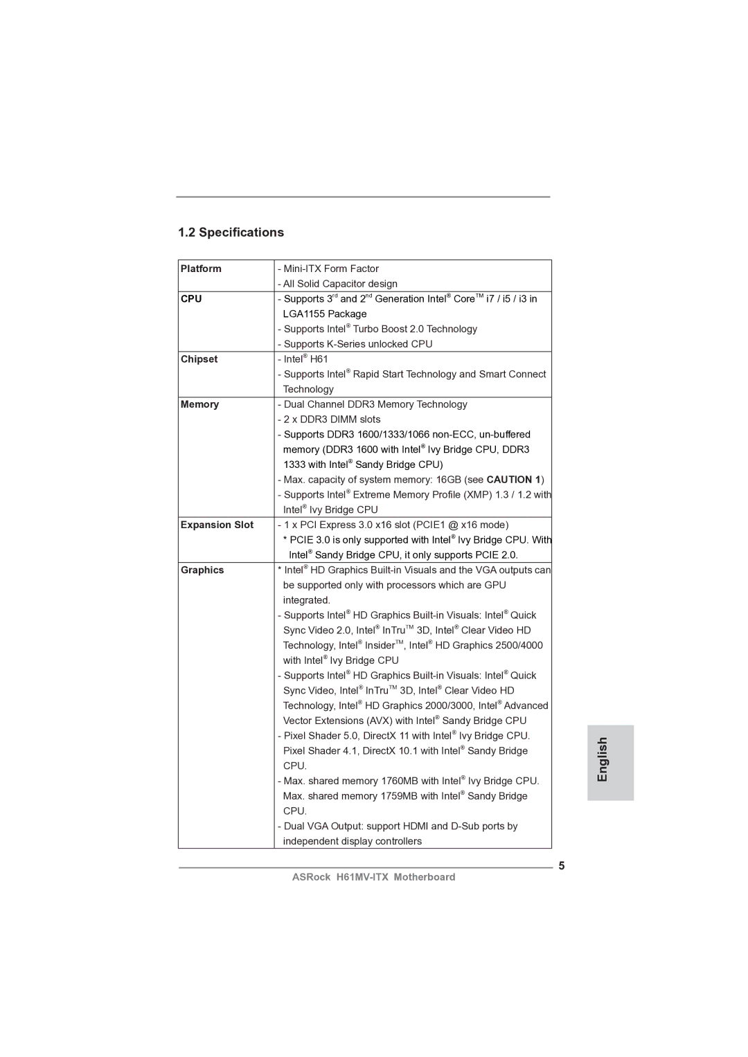 ASRock H61MV-ITX manual Speciﬁcations 