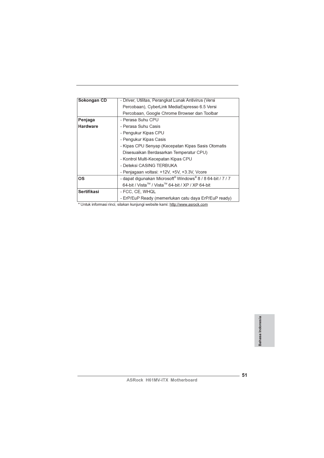 ASRock H61MV-ITX manual Sokongan CD, Penjaga, Sertiﬁkasi 