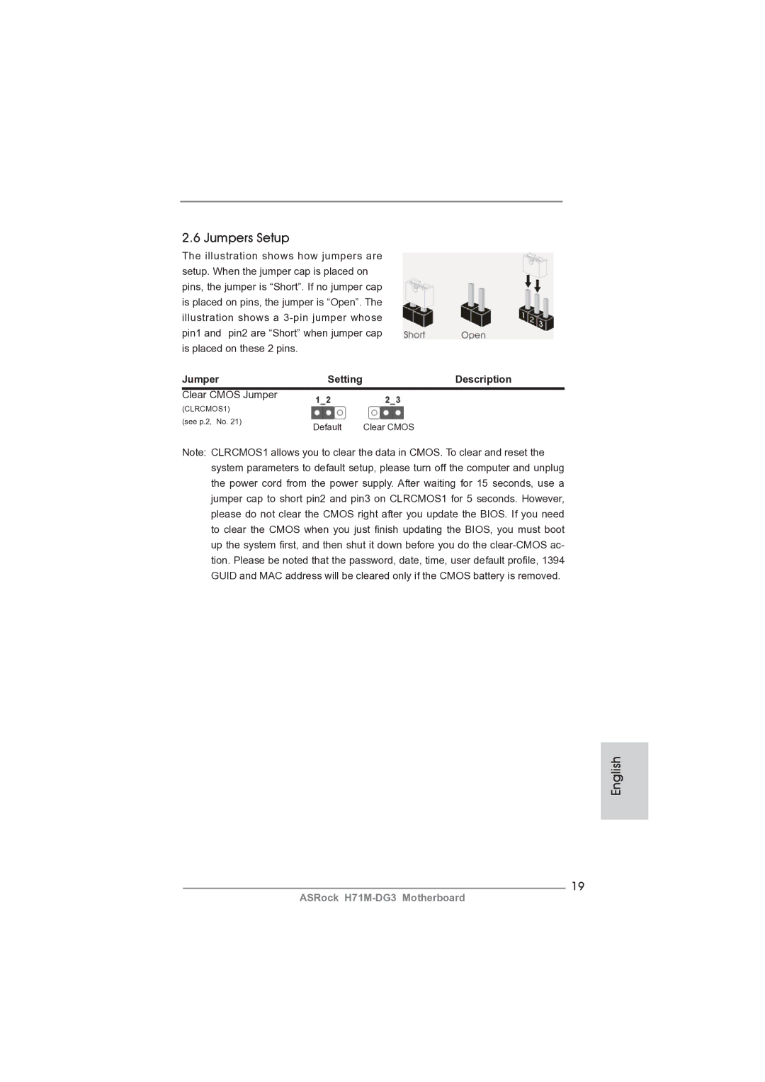 ASRock H71M-DG3 manual Jumpers Setup, Description 