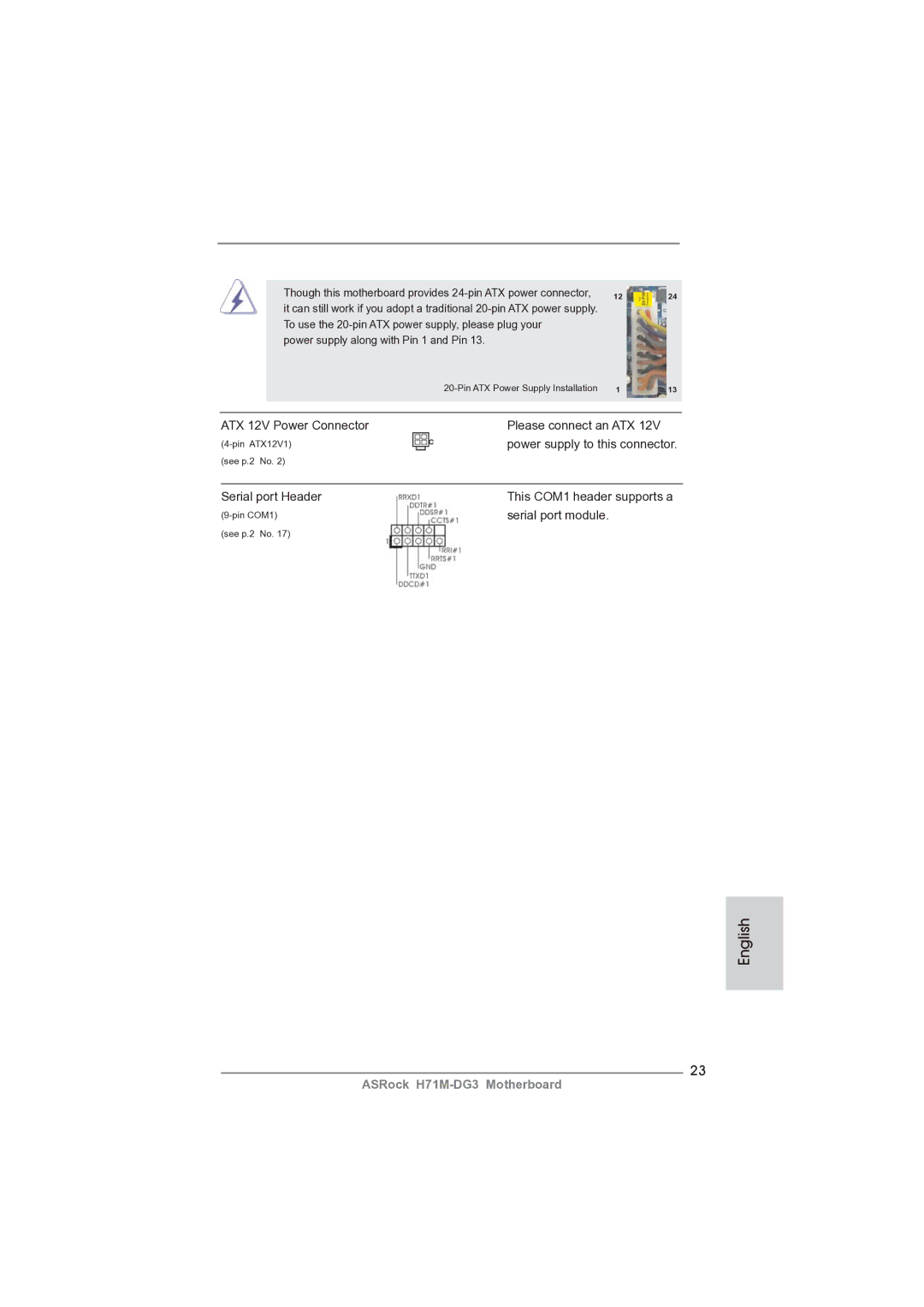 ASRock H71M-DG3 manual ATX 12V Power Connector Please connect an ATX 