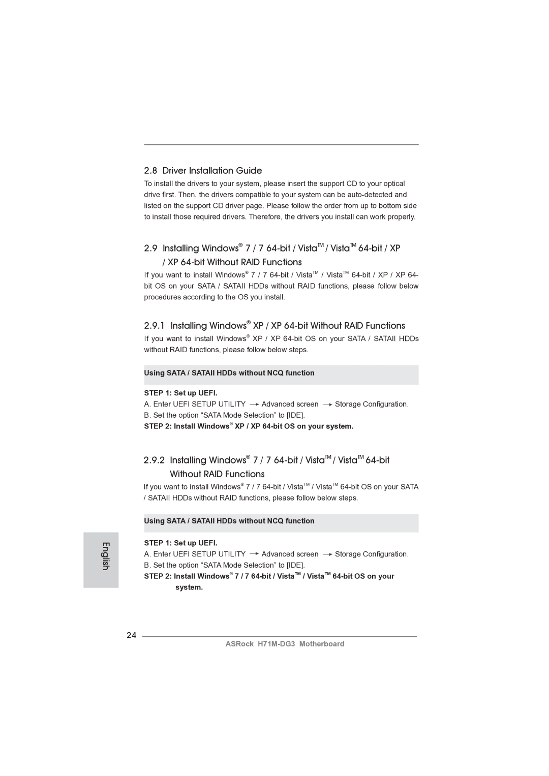 ASRock H71M-DG3 manual English Driver Installation Guide, Installing Windows XP / XP 64-bit Without RAID Functions 