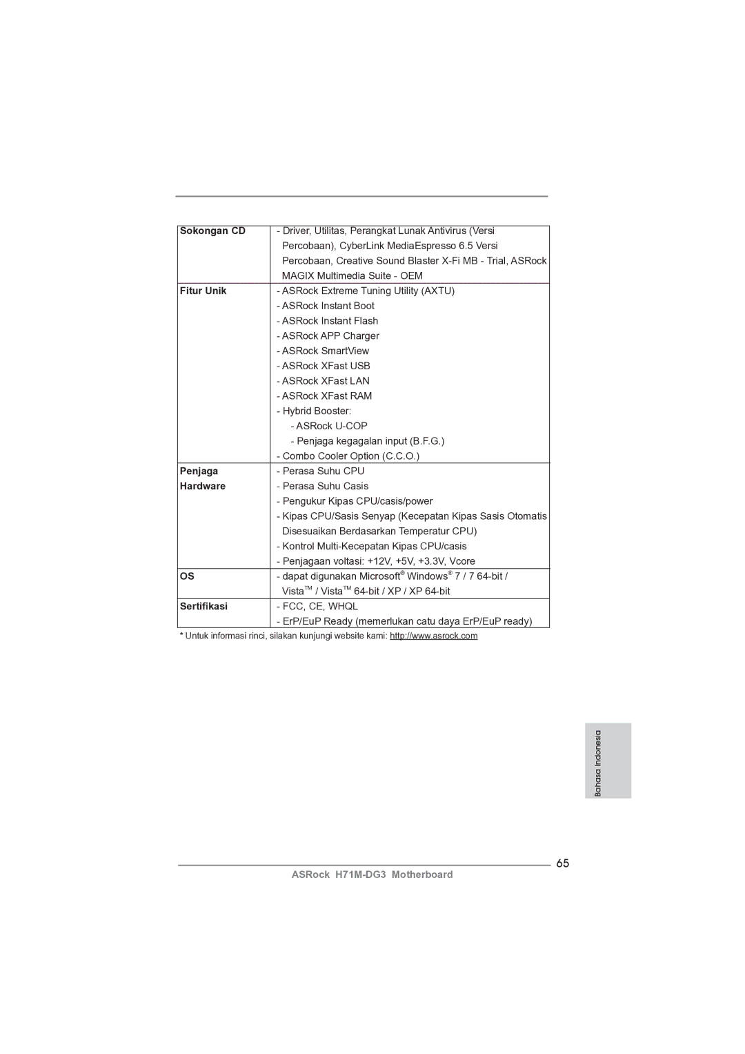 ASRock H71M-DG3 manual Sokongan CD, Fitur Unik, Penjaga, Sertiﬁkasi 