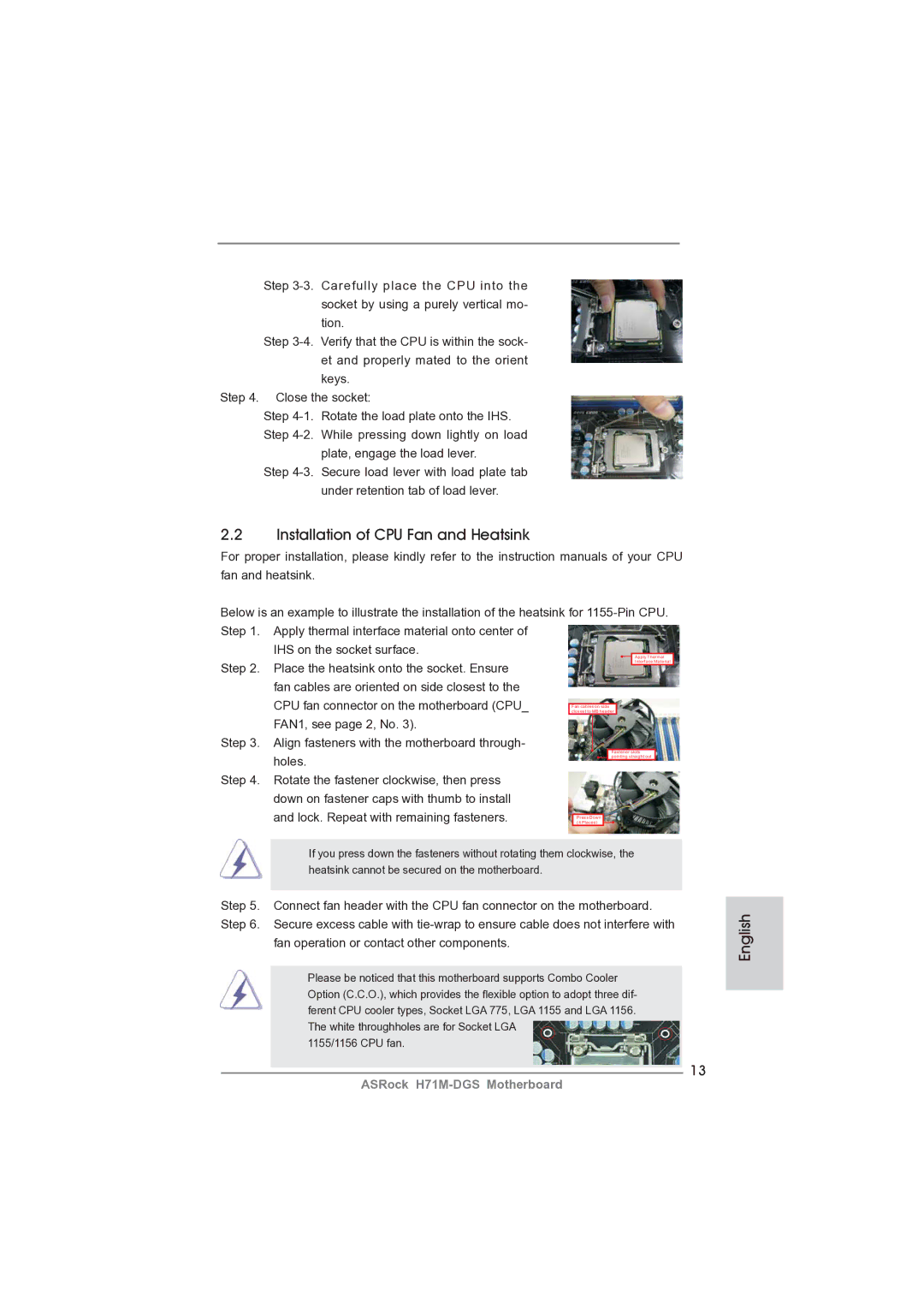 ASRock H71M-DGS manual Installation of CPU Fan and Heatsink 