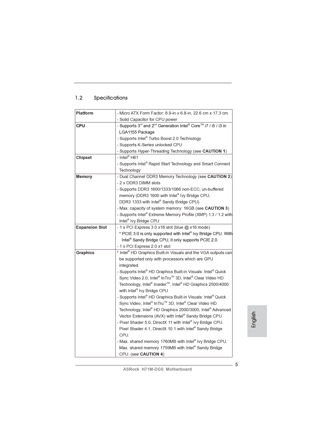 ASRock H71M-DGS manual Specifications 