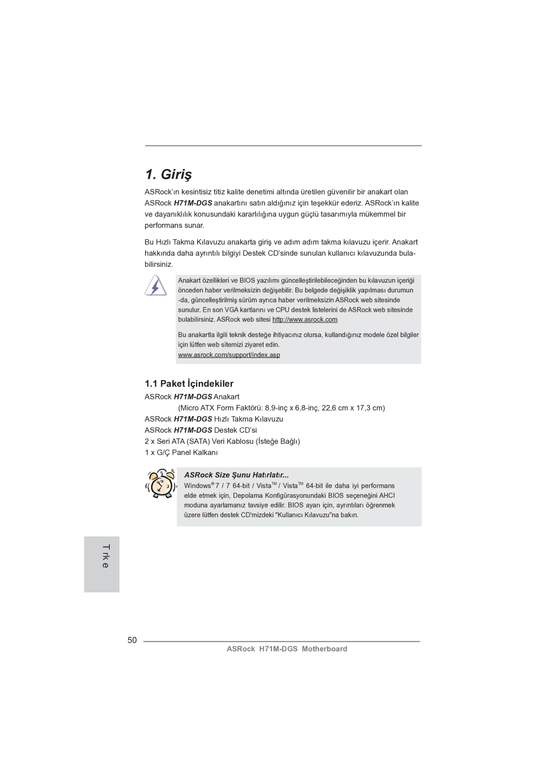 ASRock H71M-DGS manual Giriş, Türkçe 