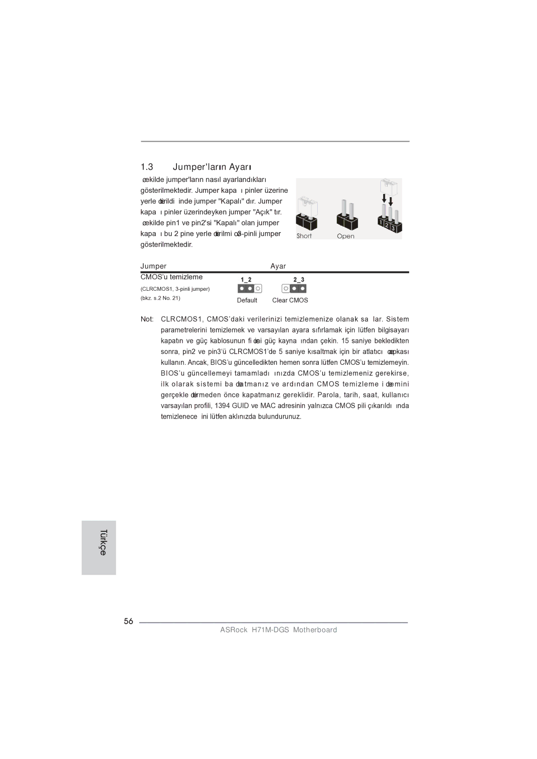 ASRock H71M-DGS manual Jumperların Ayarı, Jumper Ayar 