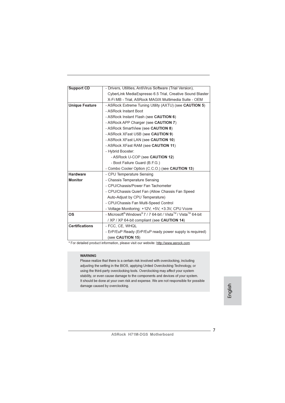 ASRock H71M-DGS manual Support CD, Unique Feature, Hardware, Monitor, Certiﬁcations 