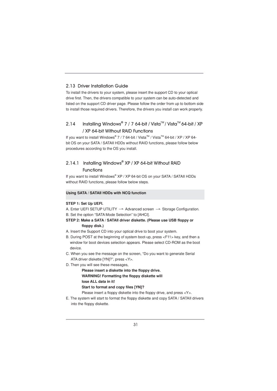 ASRock H71M-DGS manual Driver Installation Guide, Installing Windows XP / XP 64-bit Without RAID Functions 