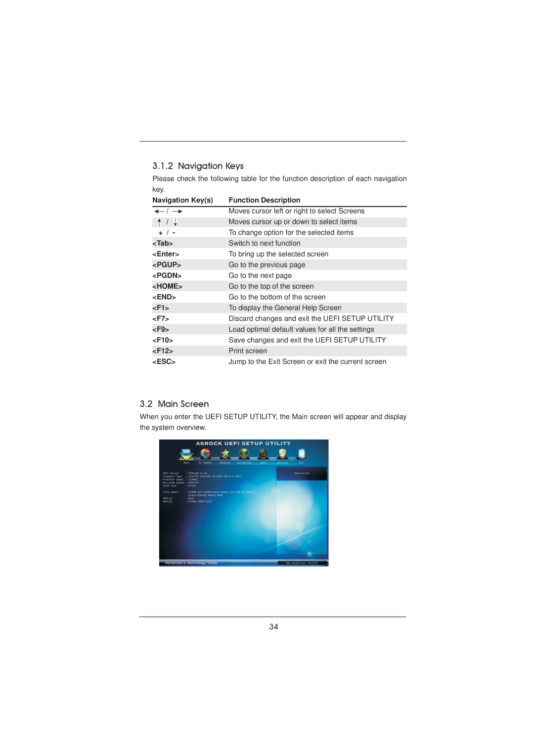 ASRock H71M-DGS manual Navigation Keys, Main Screen 