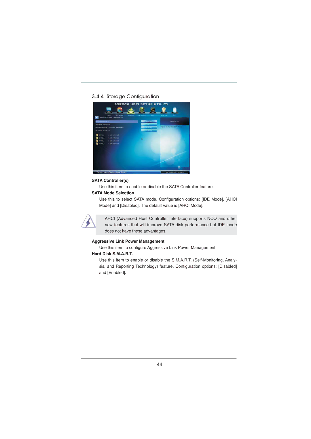 ASRock H71M-DGS manual Storage Configuration, Sata Controllers, Sata Mode Selection, Aggressive Link Power Management 