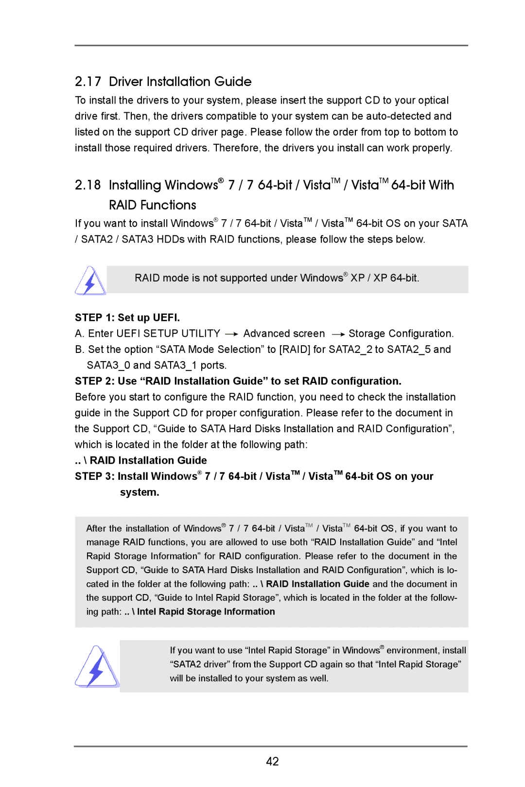 ASRock H77 Pro4-M manual Driver Installation Guide, Set up Uefi, Use RAID Installation Guide to set RAID configuration 