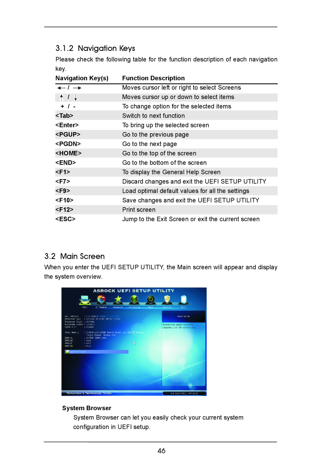 ASRock H77 Pro4-M manual Main Screen, Navigation Keys + / Tab Enter Pgup Pgdn Home, F10 F12, System Browser 