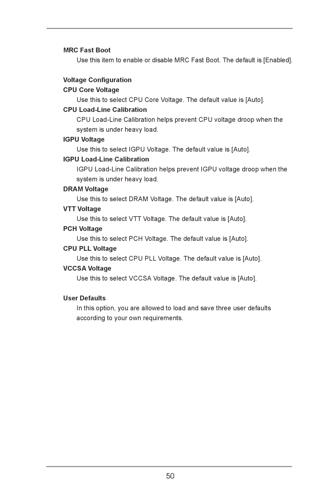 ASRock H77 Pro4-M manual MRC Fast Boot, Voltage Configuration CPU Core Voltage, CPU Load-Line Calibration, Igpu Voltage 