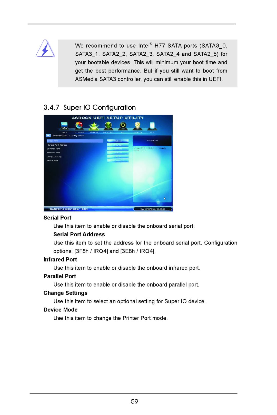 ASRock H77 Pro4-M manual Super IO Configuration 