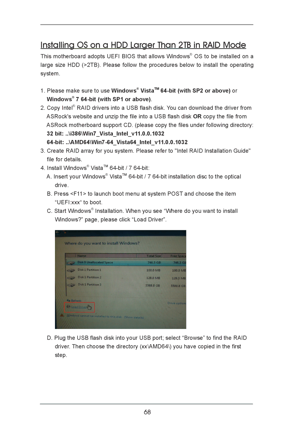 ASRock H77 Pro4-M manual Installing OS on a HDD Larger Than 2TB in RAID Mode 