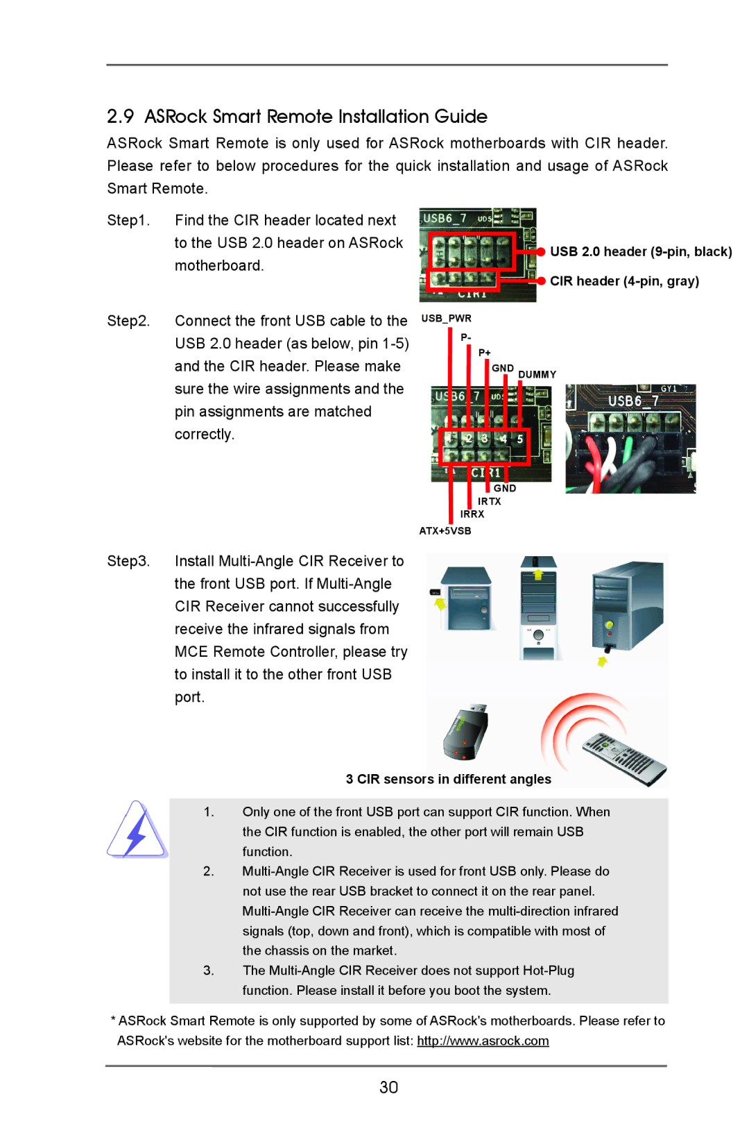 ASRock H77 Pro4/MVP manual ASRock Smart Remote Installation Guide, CIR sensors in different angles 