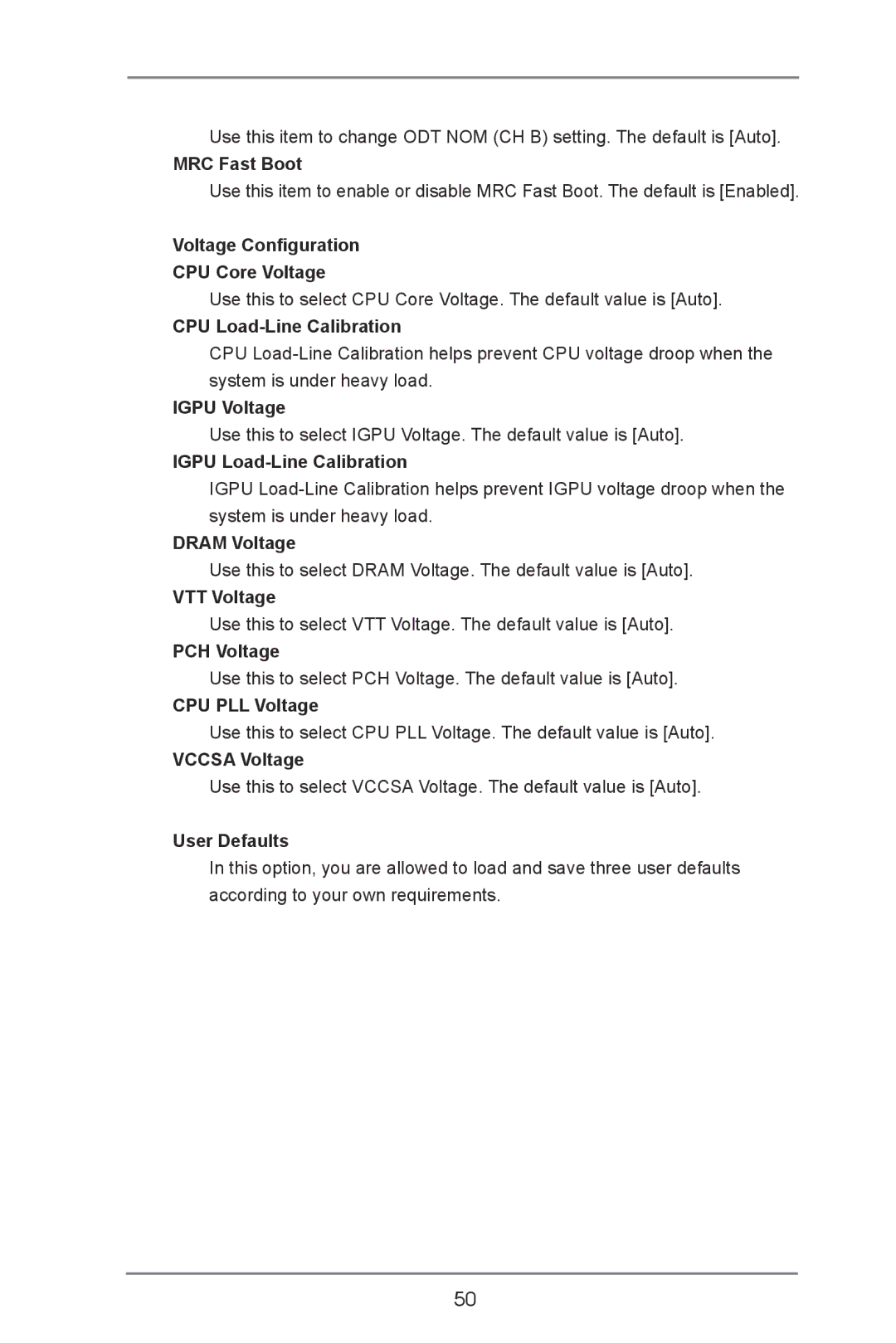 ASRock H77 Pro4/MVP manual MRC Fast Boot, Voltage Configuration CPU Core Voltage, CPU Load-Line Calibration, Igpu Voltage 