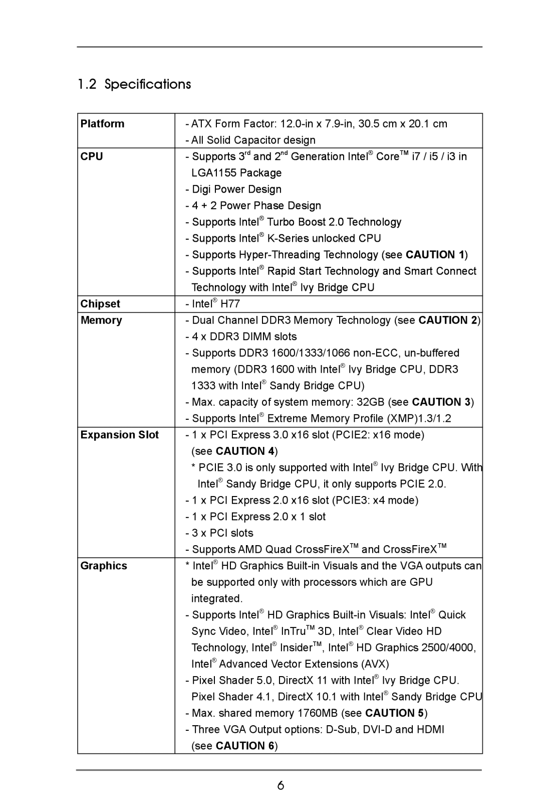 ASRock H77 Pro4/MVP manual Specifications 