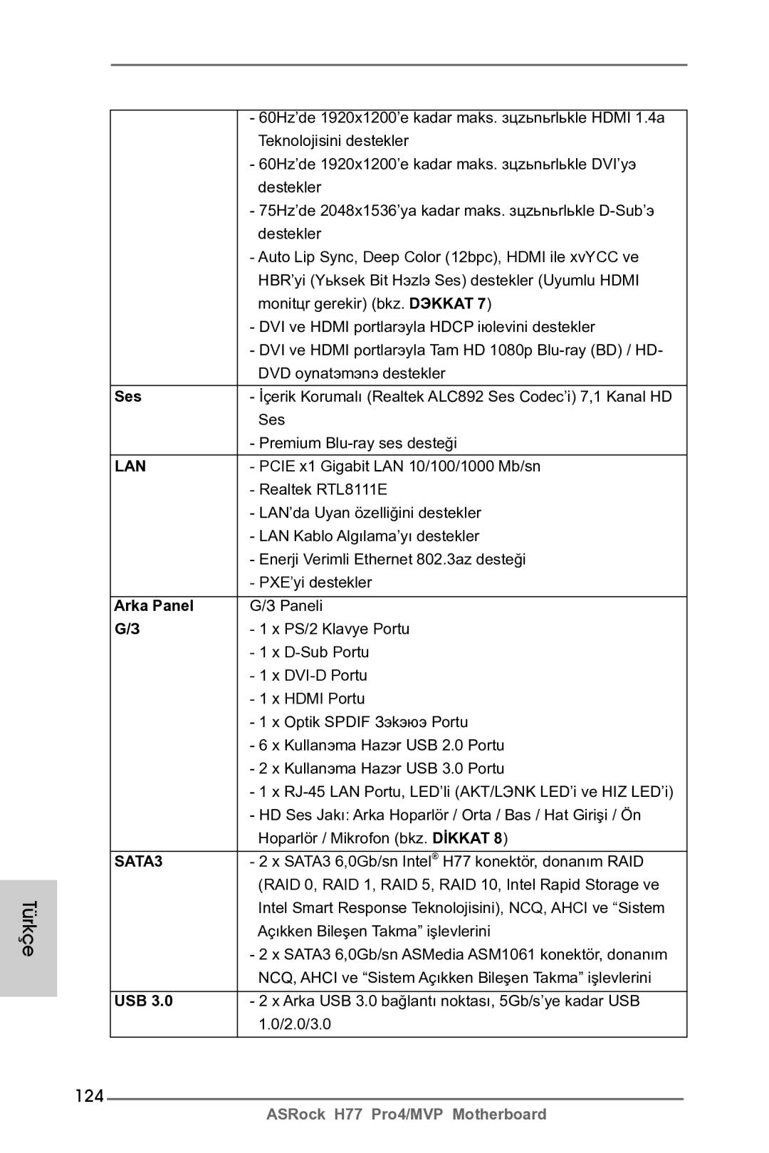 ASRock H77 Pro4/MVP manual 124, Ses, Arka Panel 