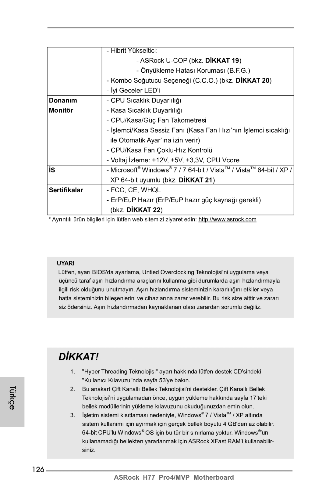 ASRock H77 Pro4/MVP manual 126, Donanım, Monitör, Sertifikalar 