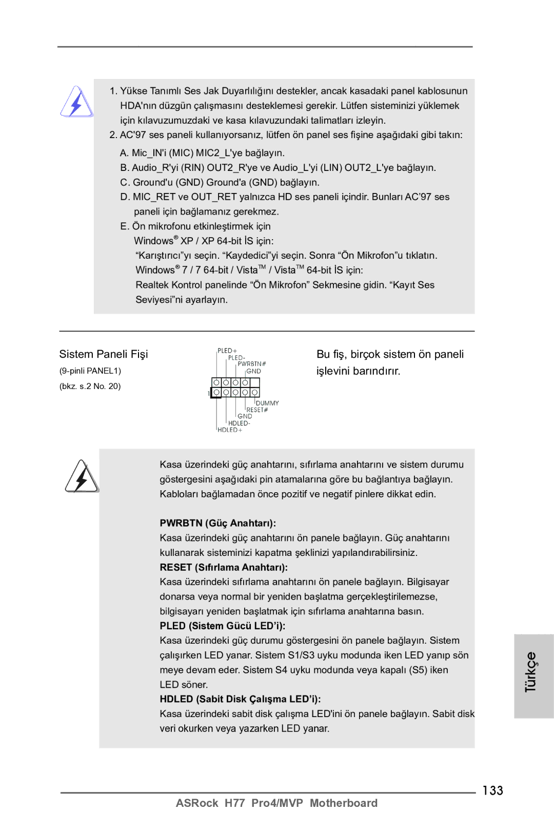 ASRock H77 Pro4/MVP manual 133, Sistem Paneli Fişi, Işlevini barındırır 