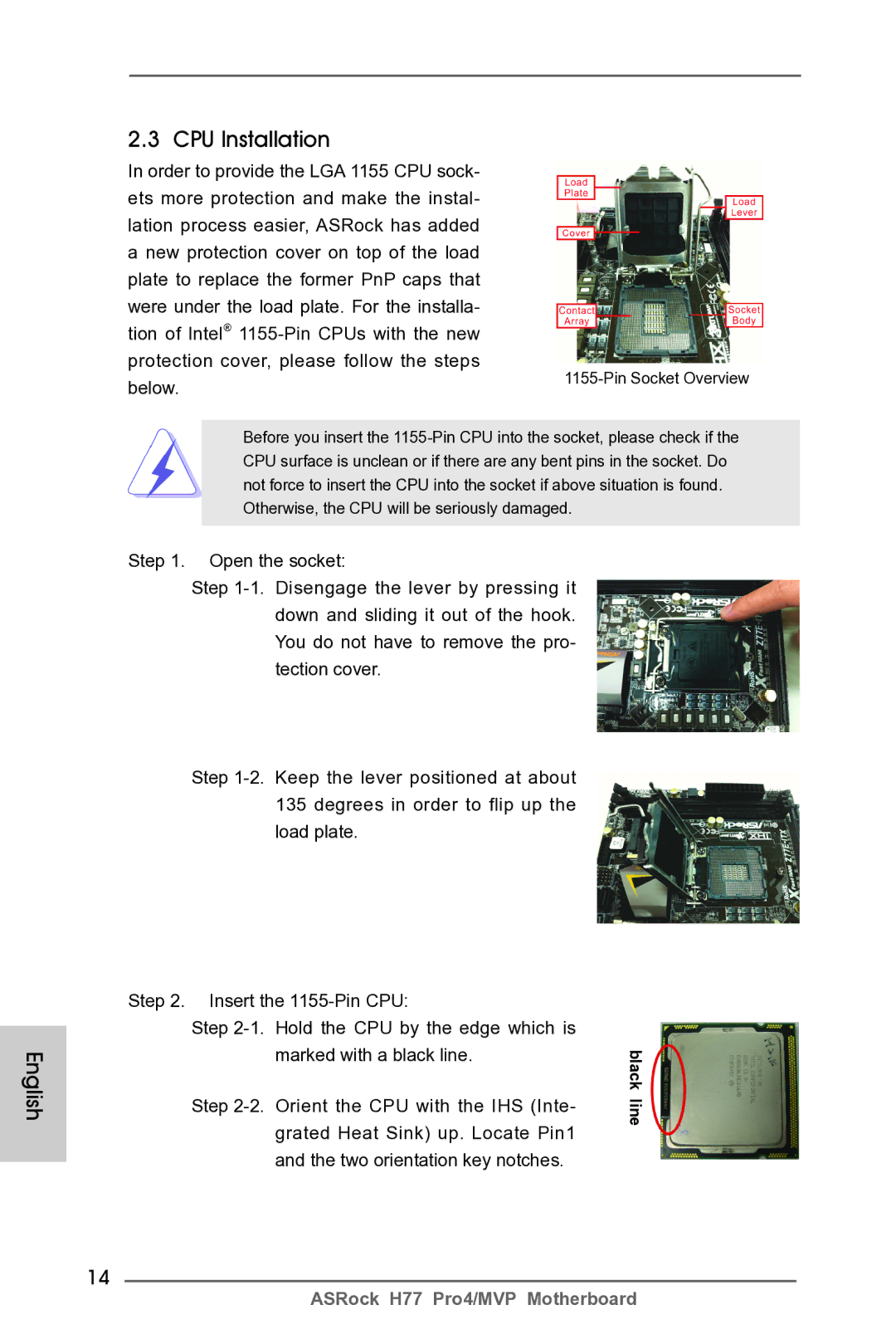 ASRock H77 Pro4/MVP English CPU Installation, Step Orient the CPU with the IHS Inte, Grated Heat Sink up. Locate Pin1 