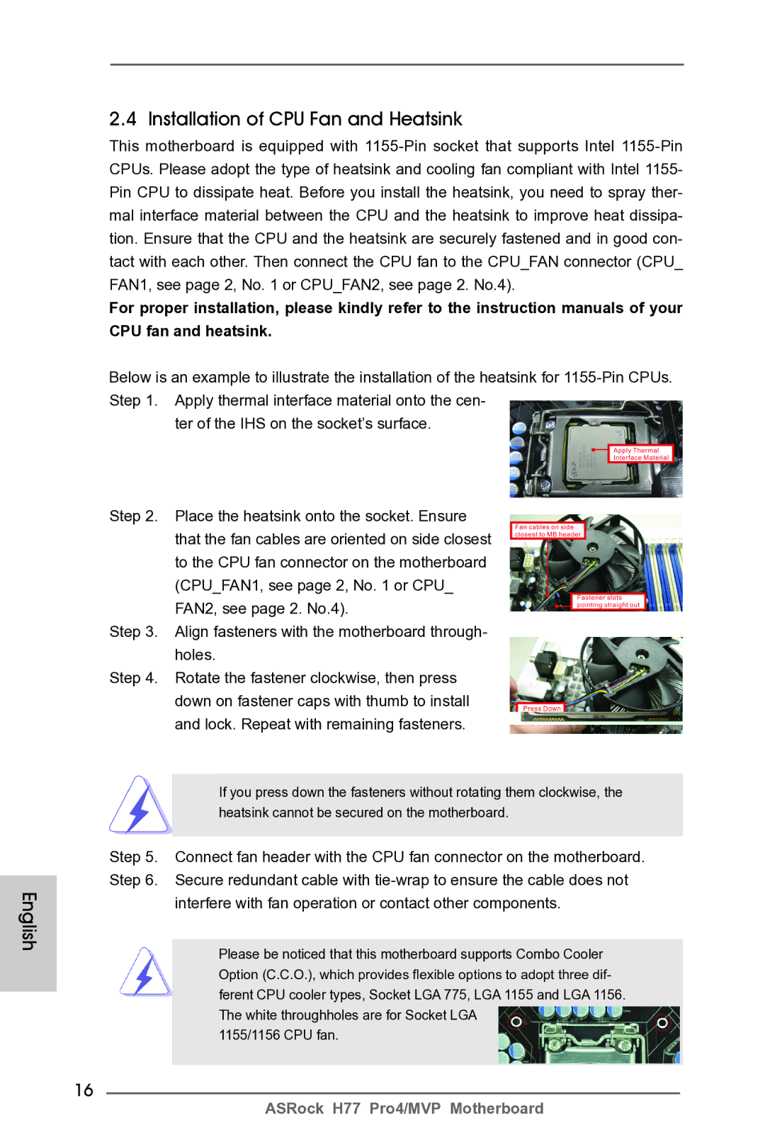 ASRock H77 Pro4/MVP manual Installation of CPU Fan and Heatsink 