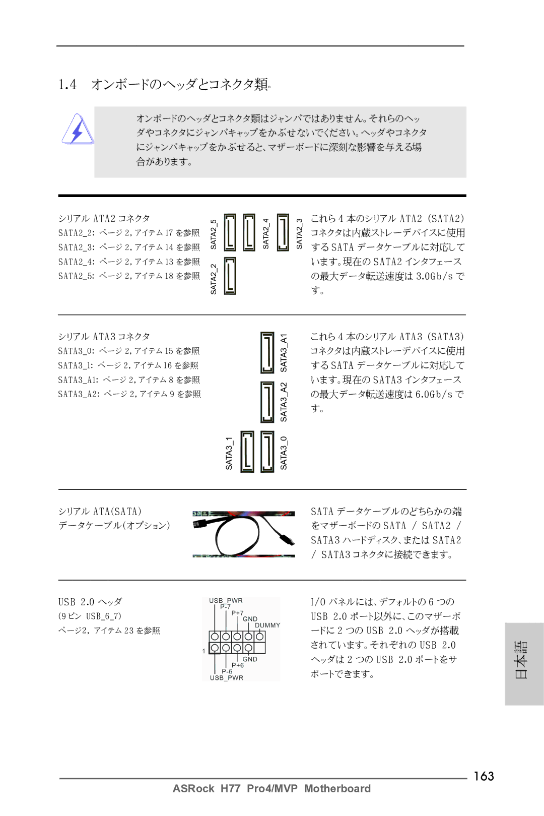 ASRock H77 Pro4/MVP manual オンボードのヘッダとコネクタ類。, 163 