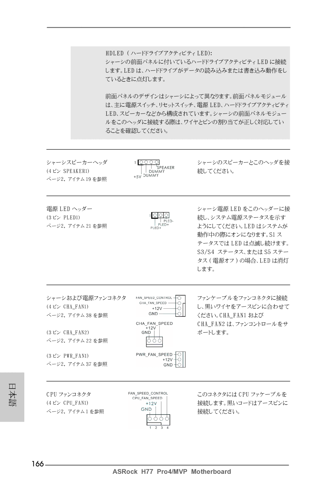 ASRock H77 Pro4/MVP manual 166, Hdled ハードドライブアクティビティ LED 