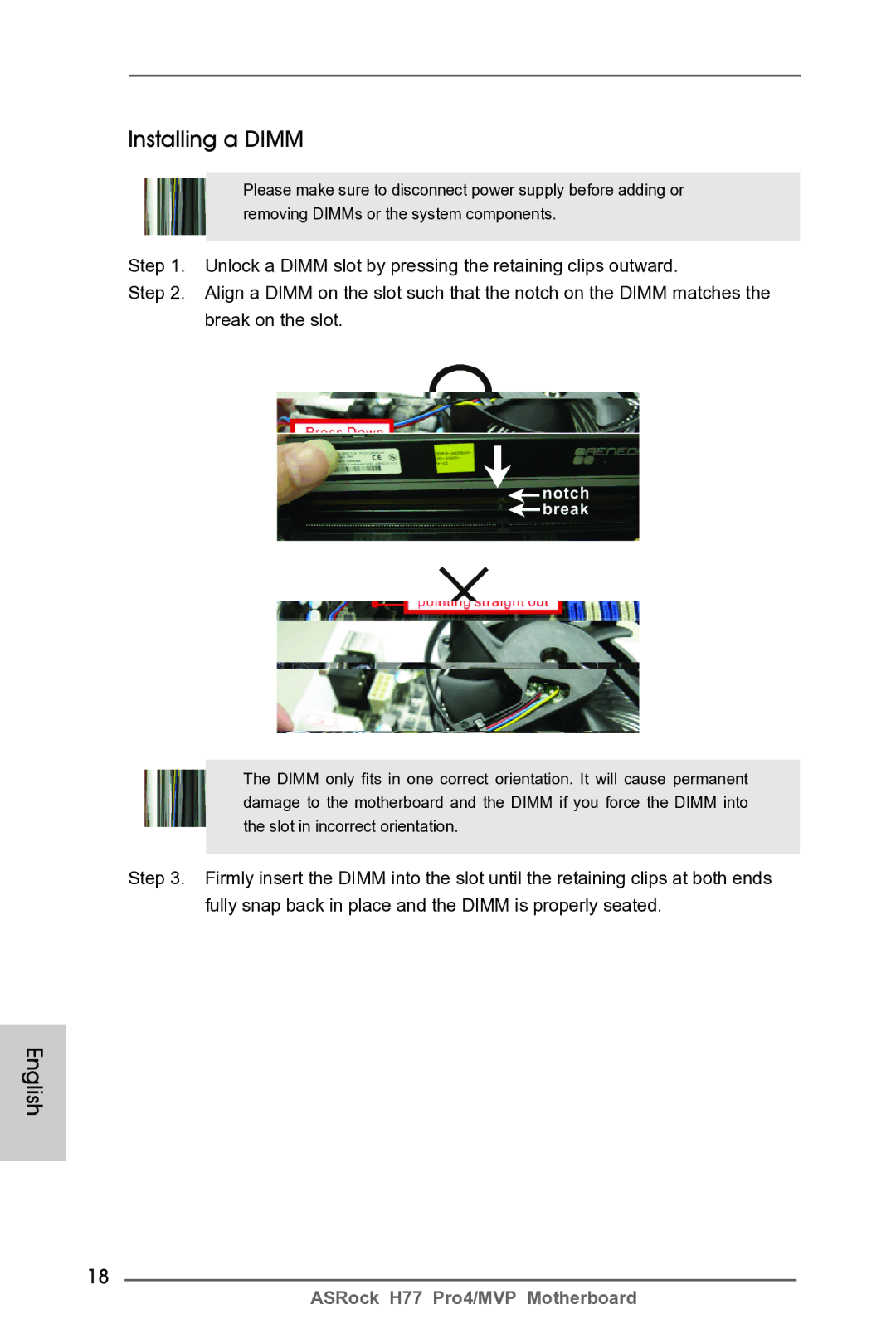 ASRock H77 Pro4/MVP manual Installing a Dimm 