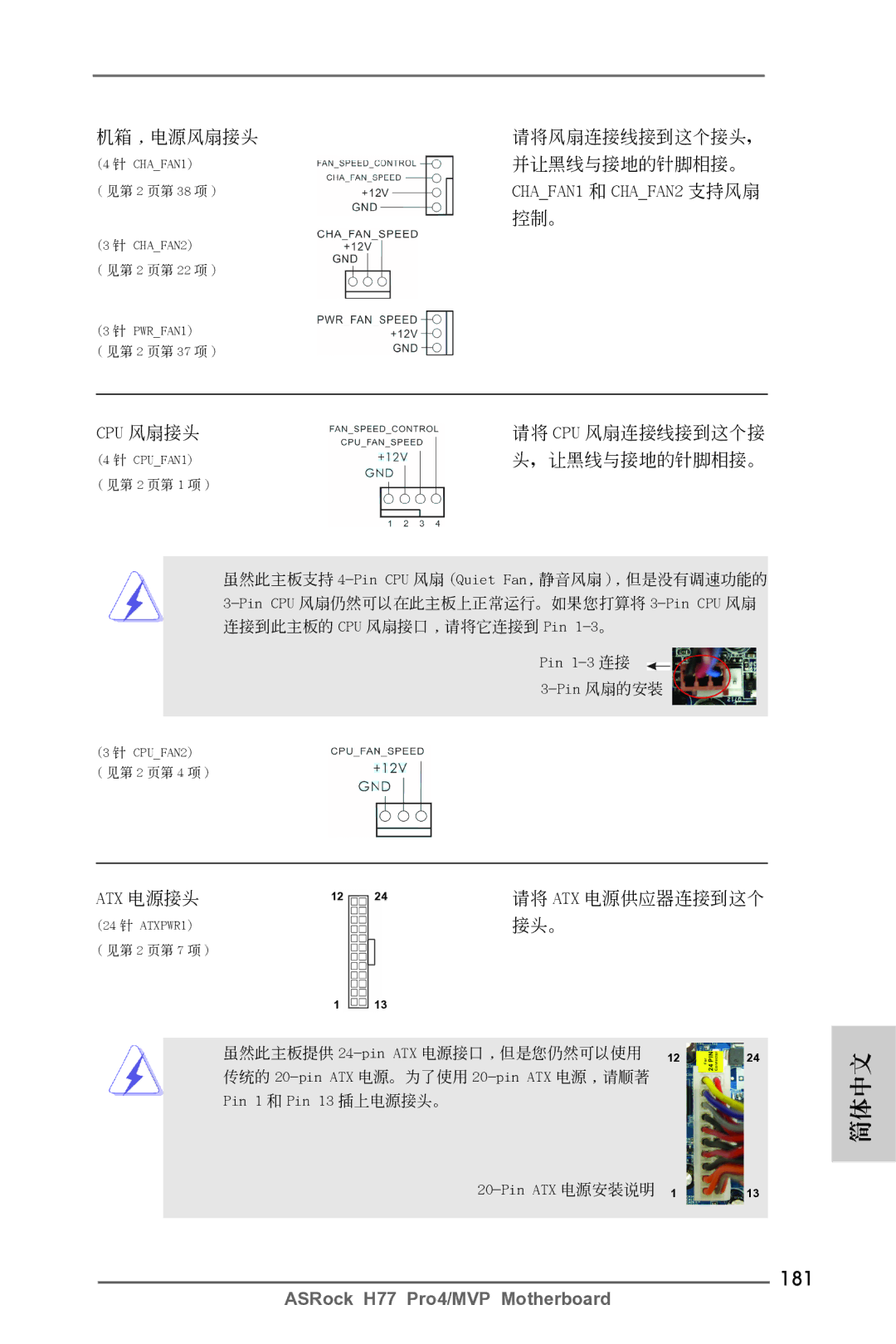 ASRock H77 Pro4/MVP manual 181, Cpu 風扇接頭, Atx 電源接頭 