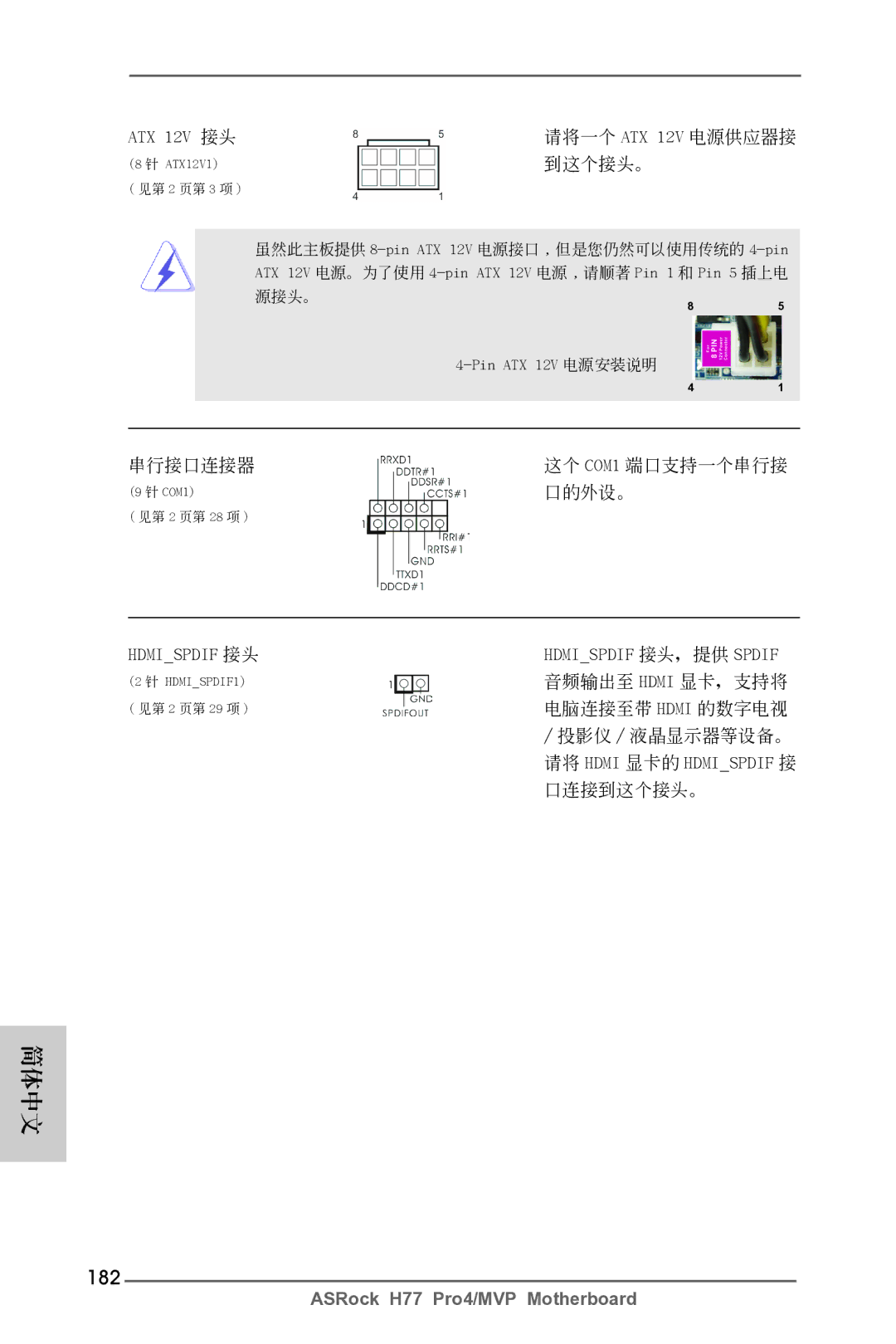 ASRock H77 Pro4/MVP manual 182, ATX 12V 接頭, Hdmispdif 接頭 Hdmispdif 接頭，提供 Spdif, Pin ATX 12V 電源安裝說明 