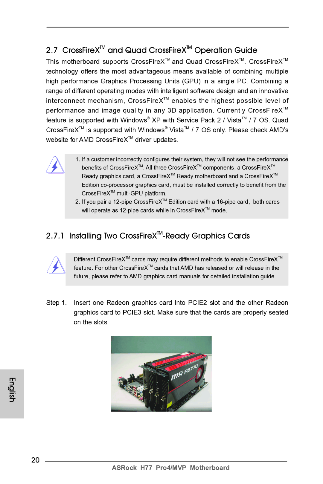 ASRock H77 Pro4/MVP CrossFireXTM and Quad CrossFireXTM Operation Guide, Installing Two CrossFireXTM-Ready Graphics Cards 